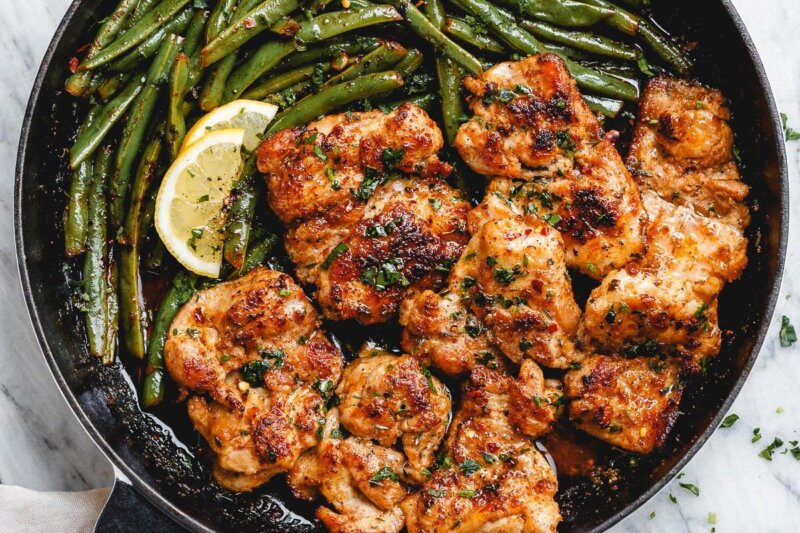 Lemon Garlic Green Beans and Skillets with Butter Chicken