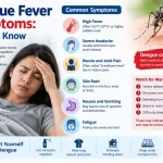 Dengue fever symptoms infographic showing high fever, headache, joint pain, rash, nausea and warning signs