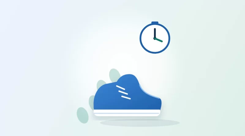 Is walking good exercise? Illustration of a blue walking shoe with footprints and a stopwatch