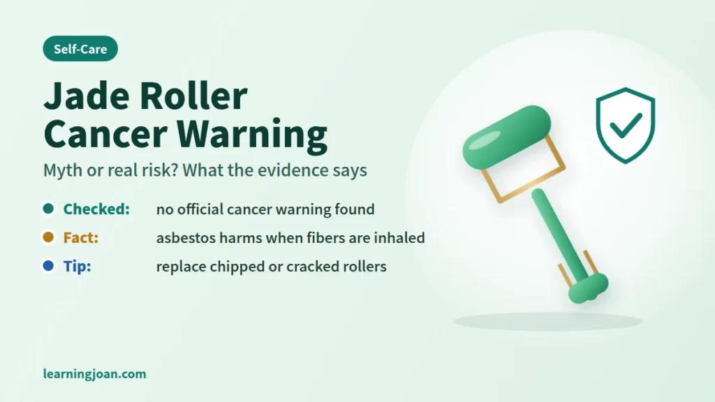 Jade roller cancer warning illustration: a green jade facial roller with a gold frame beside a safety shield