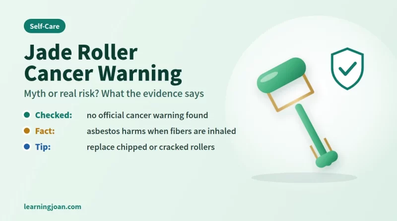 Jade roller cancer warning illustration: a green jade facial roller with a gold frame beside a safety shield