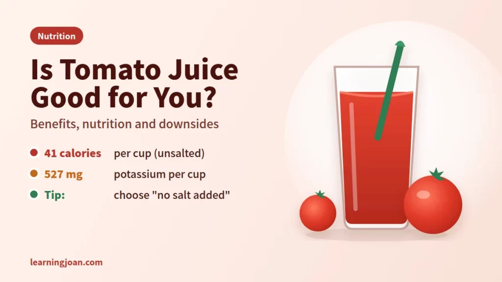 Illustration of a glass of tomato juice with a straw beside two ripe tomatoes, with key nutrition facts per cup
