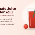 Tomato juice benefits illustration: a glass of tomato juice with a straw beside two ripe tomatoes and key nutrition facts