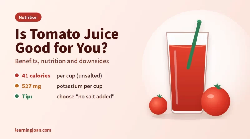 Illustration of a glass of tomato juice with a straw beside two ripe tomatoes, with key nutrition facts per cup