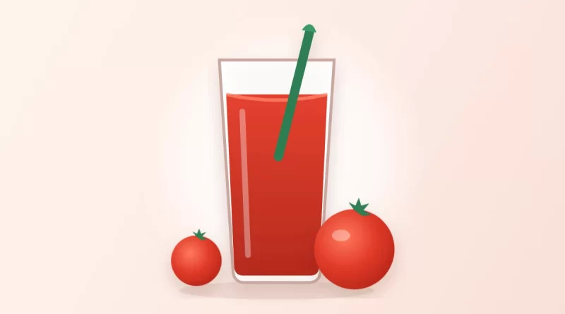 Tomato juice benefits illustration: a glass of tomato juice beside two ripe tomatoes