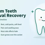 Illustration of a smiling tooth holding a cold pack beside a wisdom teeth recovery timeline from days 1 to 3 through weeks 3 to 4