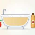 Apple cider vinegar bath illustration: a bathtub between an apple and a bottle of vinegar