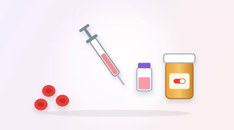B12 injection benefits illustration: a syringe and vial beside a pill bottle and red blood cells