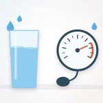 Can dehydration cause high blood pressure illustration: a glass of water beside a blood pressure gauge and water drops