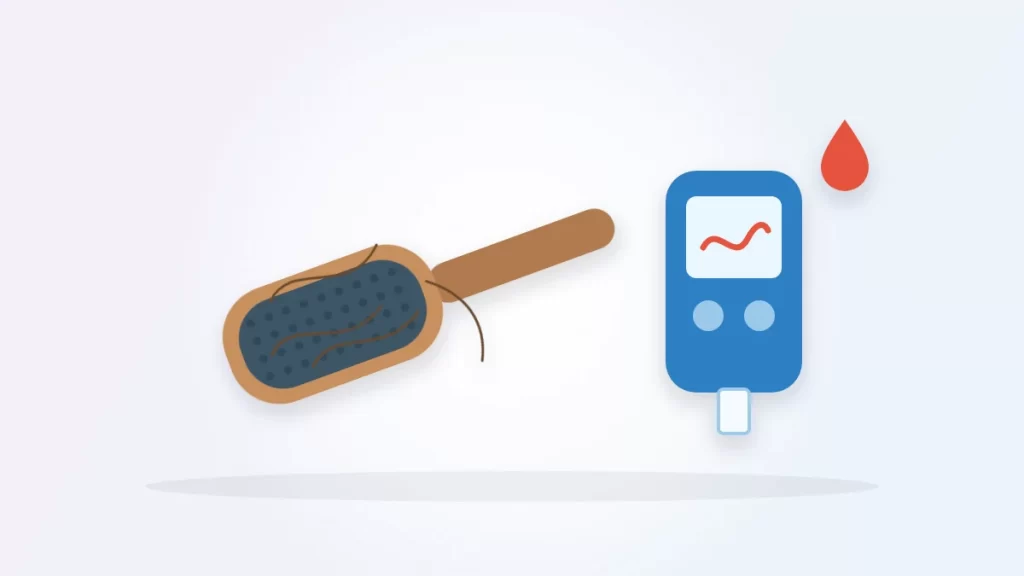 Can diabetes cause hair loss illustration: a hairbrush with loose strands beside a blood sugar meter and a blood drop