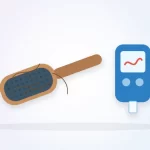 Can diabetes cause hair loss illustration: a hairbrush with loose strands beside a blood sugar meter and a blood drop
