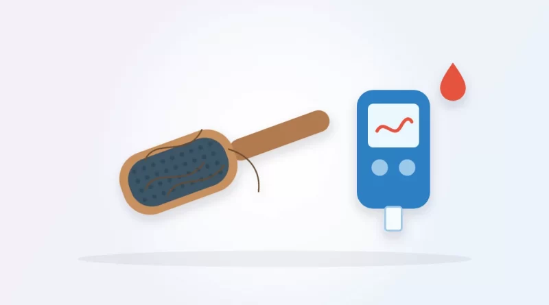 Can diabetes cause hair loss illustration: a hairbrush with loose strands beside a blood sugar meter and a blood drop