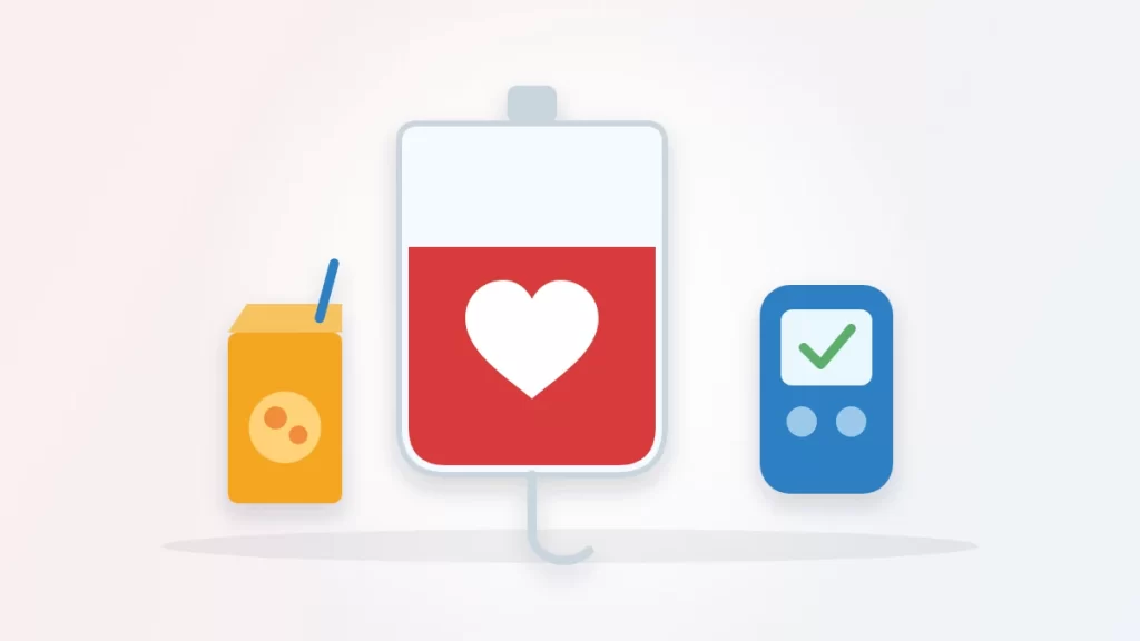 Can diabetics donate blood illustration: a blood donation bag with a heart, a juice box and a blood sugar meter with a check mark
