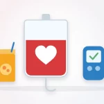 Can diabetics donate blood illustration: a blood donation bag with a heart, a juice box and a blood sugar meter with a check mark