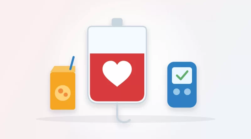 Can diabetics donate blood illustration: a blood donation bag with a heart, a juice box and a blood sugar meter with a check mark
