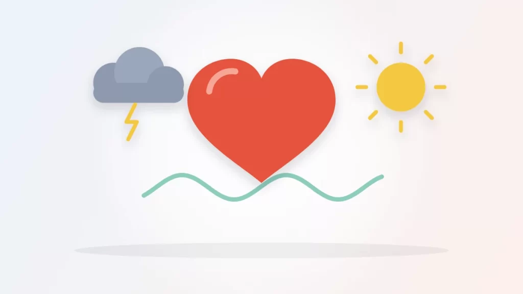 Can stress cause chest pain illustration: a heart between a storm cloud and the sun above a calm breathing wave
