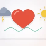 Can stress cause chest pain illustration: a heart between a storm cloud and the sun above a calm breathing wave