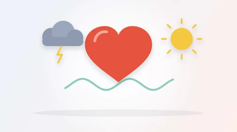 Can stress cause chest pain illustration: a heart between a storm cloud and the sun above a calm breathing wave