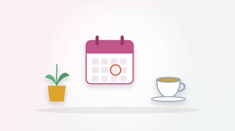 Can stress delay your period illustration: a calendar with a circled date beside a cup of tea and a small plant