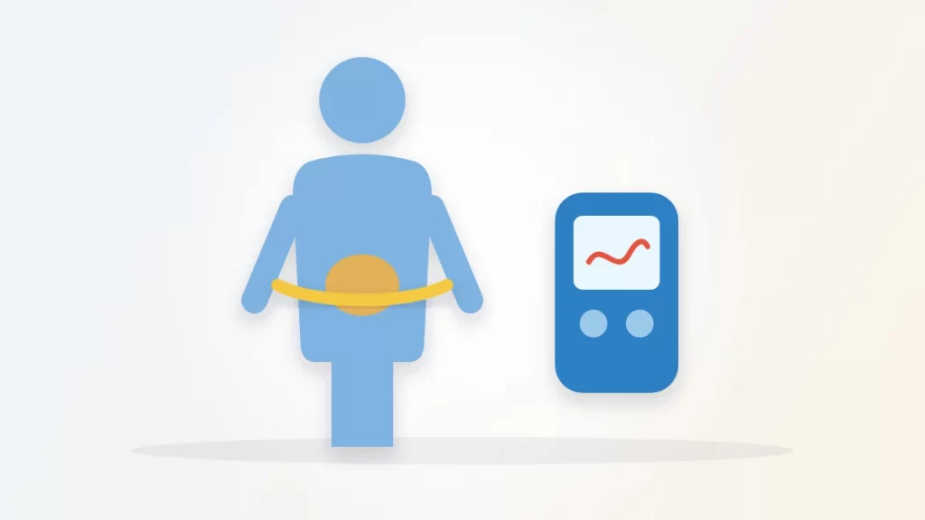 Can thin people get type 2 diabetes illustration: a slim person icon with hidden belly fat highlighted and a measuring tape, beside a blood sugar meter