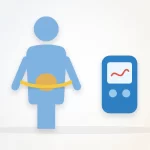 Can thin people get type 2 diabetes illustration: a slim person icon with hidden belly fat highlighted and a measuring tape, beside a blood sugar meter