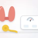 Can thyroid cause weight loss illustration: a butterfly-shaped thyroid gland beside a bathroom scale and a measuring tape
