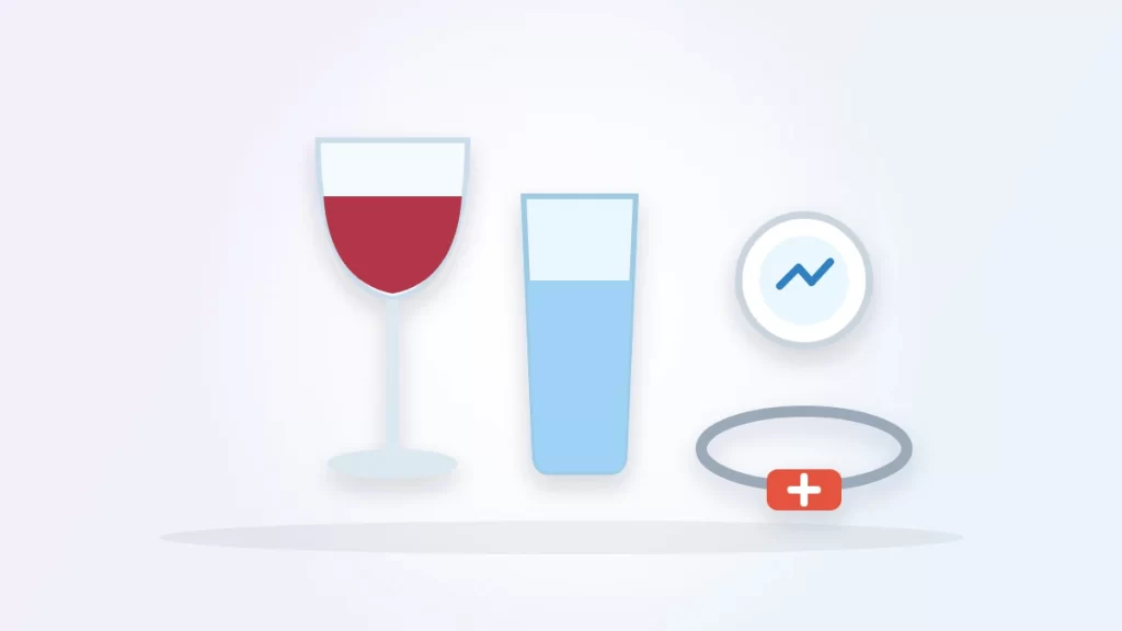 Can type 1 diabetics drink alcohol illustration: a glass of red wine and a glass of water beside a glucose sensor and a medical ID bracelet