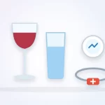 Can type 1 diabetics drink alcohol illustration: a glass of red wine and a glass of water beside a glucose sensor and a medical ID bracelet