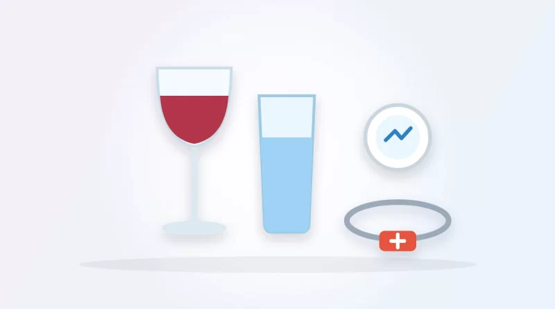 Can type 1 diabetics drink alcohol illustration: a glass of red wine and a glass of water beside a glucose sensor and a medical ID bracelet