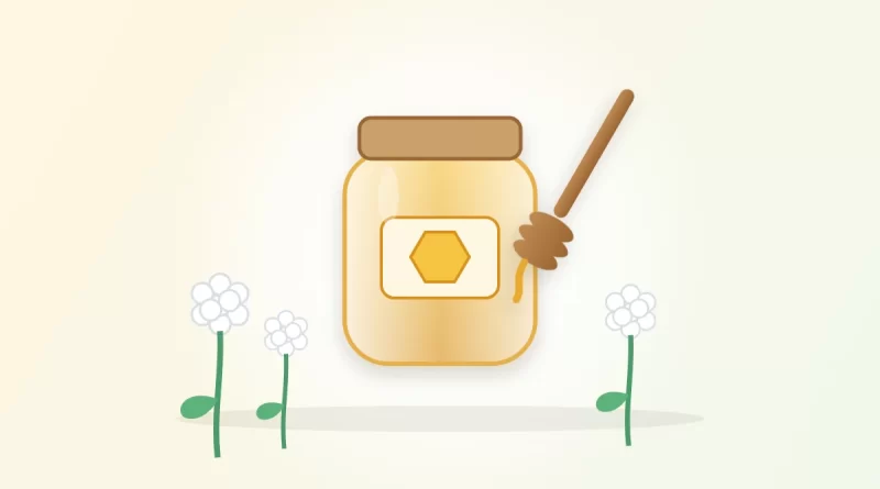 Clover honey illustration: a jar of golden honey with a wooden dipper beside white clover flowers