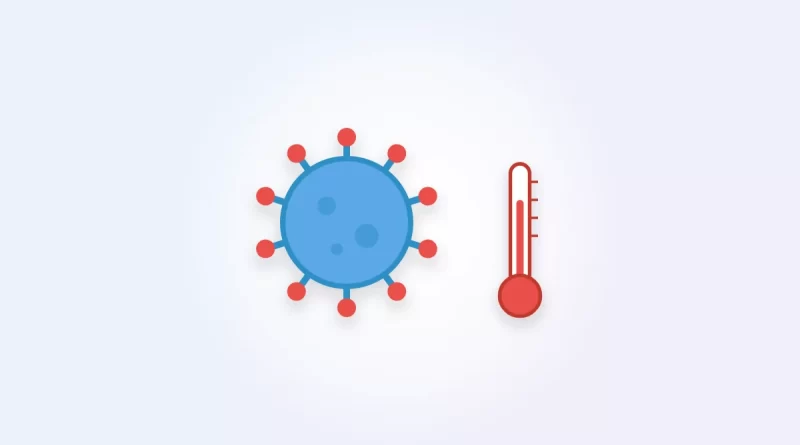 Illustration of a coronavirus particle beside a thermometer