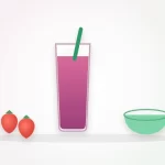 Diabetic smoothie recipes illustration: a berry smoothie in a glass beside strawberries, a spinach leaf and a bowl of yogurt