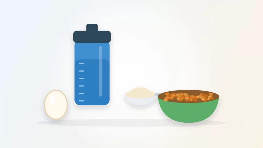 Does protein make you poop illustration: a protein shaker, a scoop of powder, an egg and a bowl of lentils