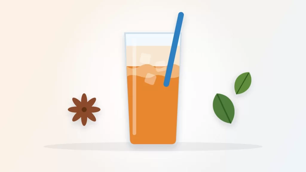 Does Thai tea have caffeine illustration: a tall glass of orange Thai iced tea with milk, ice and a straw beside star anise and tea leaves