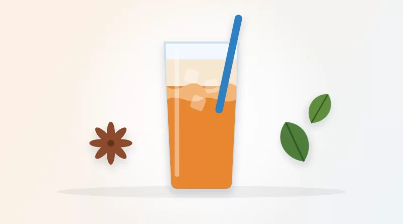 Does Thai tea have caffeine illustration: a tall glass of orange Thai iced tea with milk, ice and a straw beside star anise and tea leaves