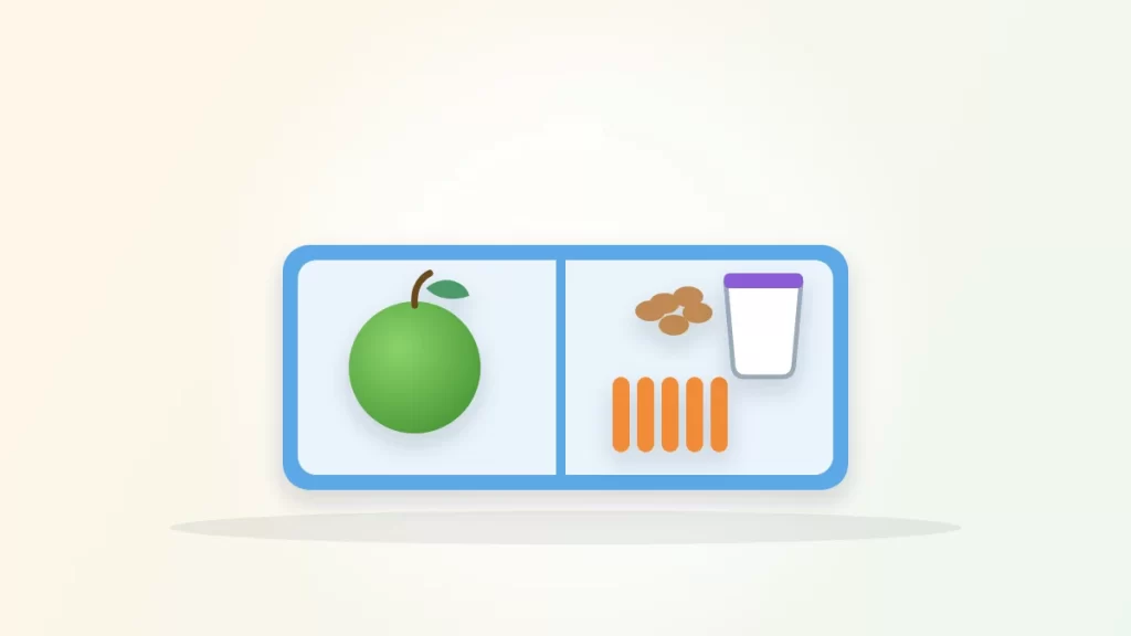Healthy snack ideas for work illustration: a lunch box with an apple, nuts, carrot sticks and a yogurt cup
