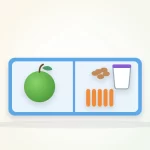 Healthy snack ideas for work illustration: a lunch box with an apple, nuts, carrot sticks and a yogurt cup