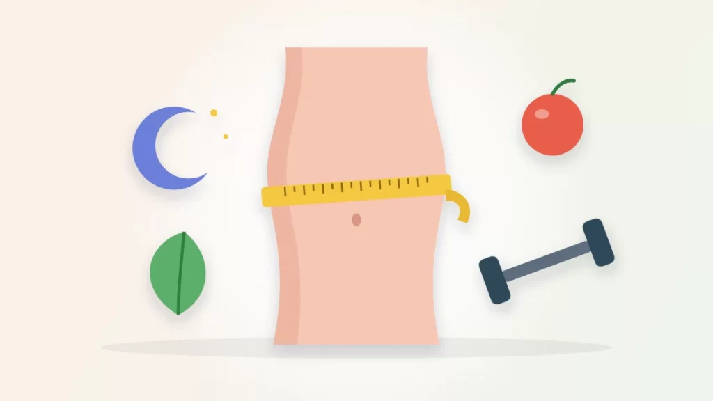 Hormonal belly illustration: a measuring tape around a waist with a moon, a leaf, an apple and a dumbbell
