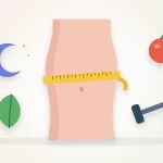 Hormonal belly illustration: a measuring tape around a waist with a moon, a leaf, an apple and a dumbbell
