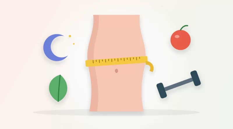 Hormonal belly illustration: a measuring tape around a waist with a moon, a leaf, an apple and a dumbbell