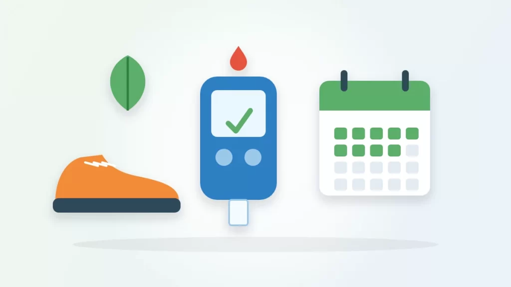 How long does it take to reverse prediabetes illustration: a walking shoe, a blood sugar meter with a check mark and a calendar
