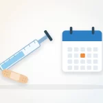 How long does the flu shot last illustration: a vaccine syringe, a bandage and a calendar with autumn leaves