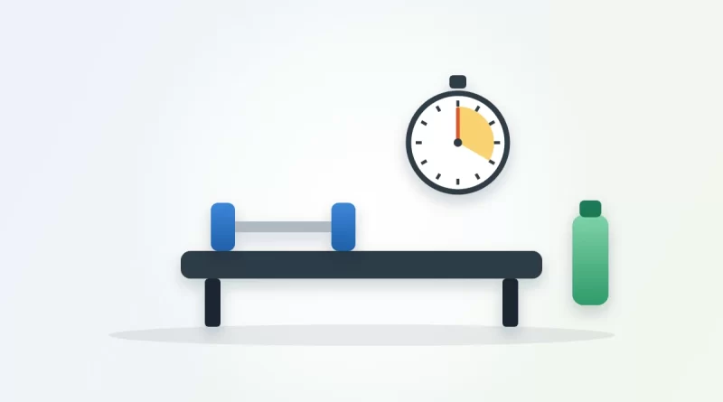 How long should you rest between sets illustration: a dumbbell on a gym bench beside a stopwatch and a water bottle