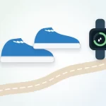 How many calories does walking 10000 steps burn illustration: a pair of walking sneakers, a step tracker watch and a winding path