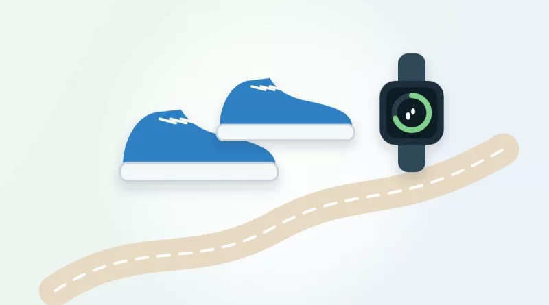 How many calories does walking 10000 steps burn illustration: a pair of walking sneakers, a step tracker watch and a winding path