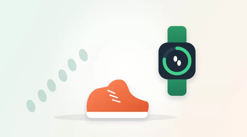 How many steps a day to lose weight illustration: a walking shoe beside footprints and a step-counter watch
