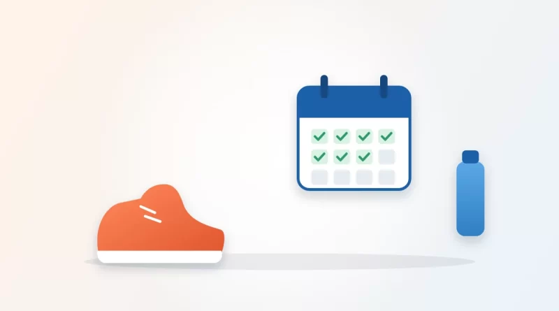 How to get back into exercise illustration: a walking shoe, a water bottle and a calendar with check marks