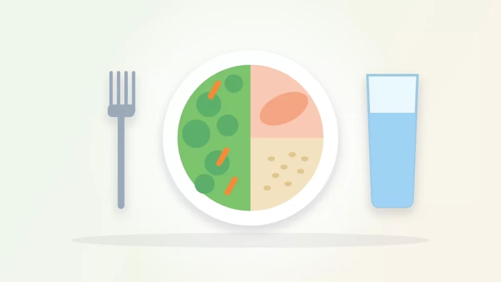 How to lose weight without counting calories illustration: a plate half full of vegetables with salmon and grains, a fork and a glass of water
