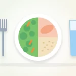 How to lose weight without counting calories illustration: a plate half full of vegetables with salmon and grains, a fork and a glass of water