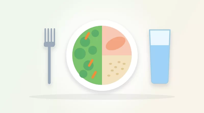 How to lose weight without counting calories illustration: a plate half full of vegetables with salmon and grains, a fork and a glass of water